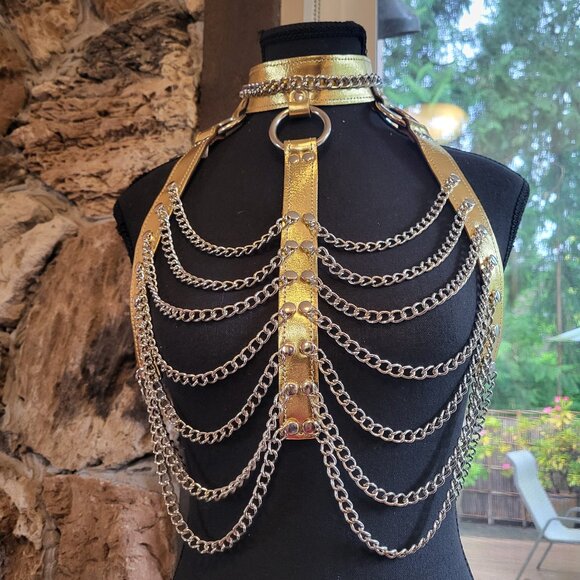 NWOT Leather Chain Chest Harness Bra Festival Leather Top - Picture 1 of 9